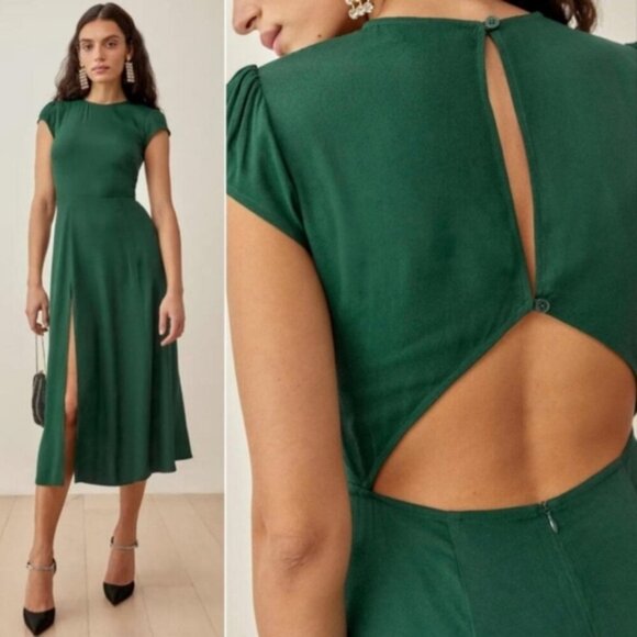 Reformation Gavin Dress Emerald Green Midi Open Back Short Sleeve Size 2 - Picture 1 of 11